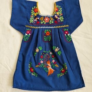 Handmade in Mexico embroidered child's blue dress, Size 0